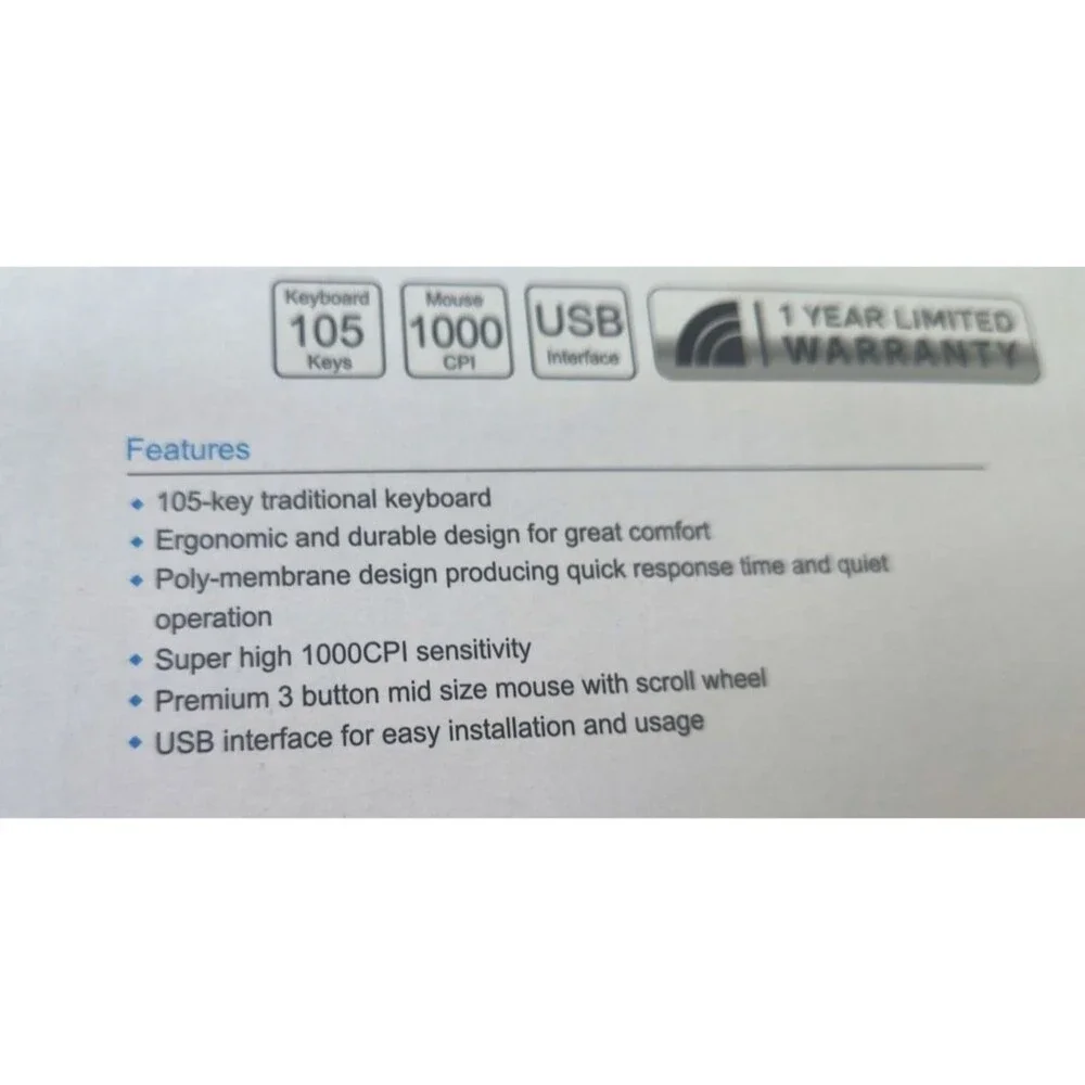 NEW Inland iC210 USB Black Keyboard And Mouse 1000 CPI Combo 105 Keys NIB In Box